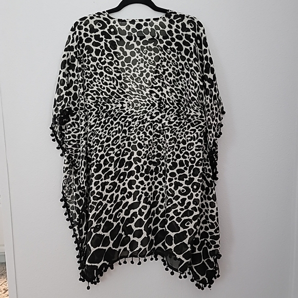 Leopard Print Swim Suit Cover Up by Club Z Collection Black Pom Pom Trim Size Me - Picture 4 of 7